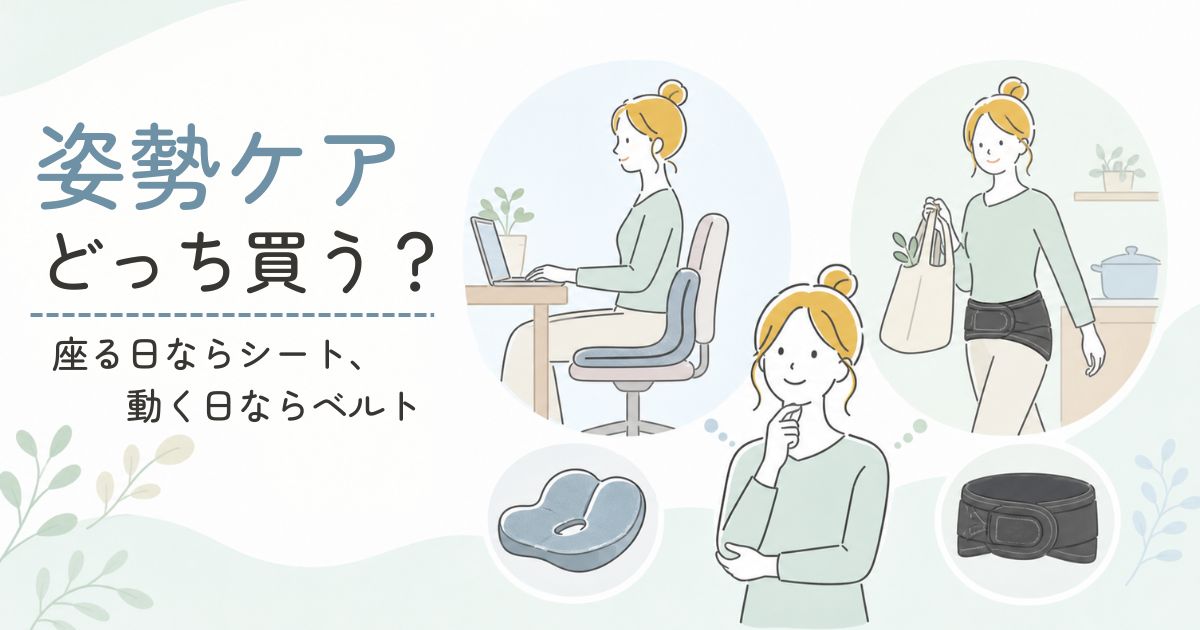 デスクワークと家事で姿勢ケア用品を選ぶ40代女性のイラスト