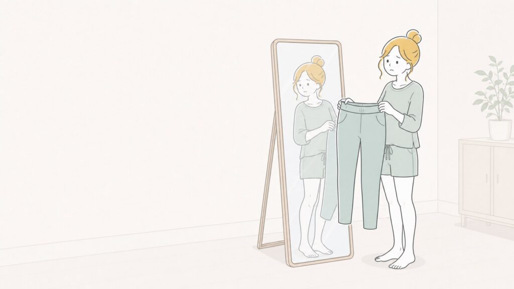 鏡の前でパンツを手に取り、脚まわりを気にする40代女性のイメージ