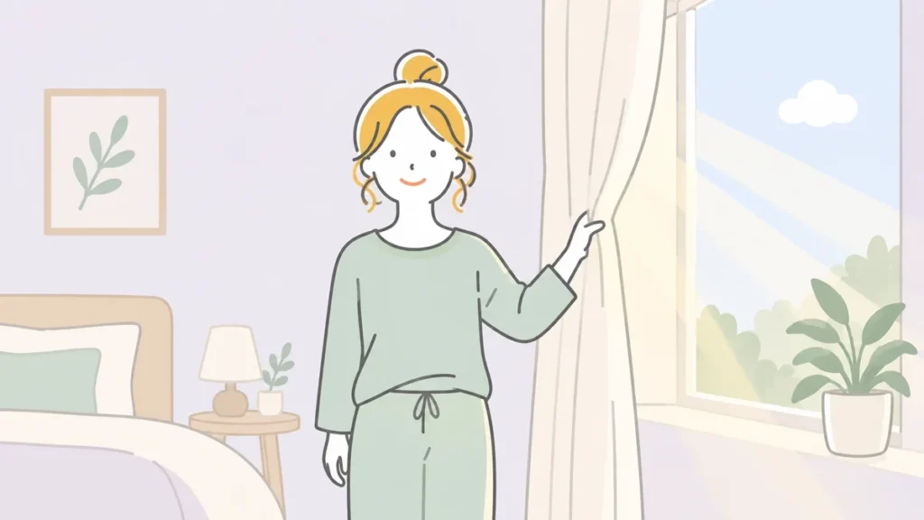 朝、カーテンを開けて日の光を浴びる40代女性のイラスト