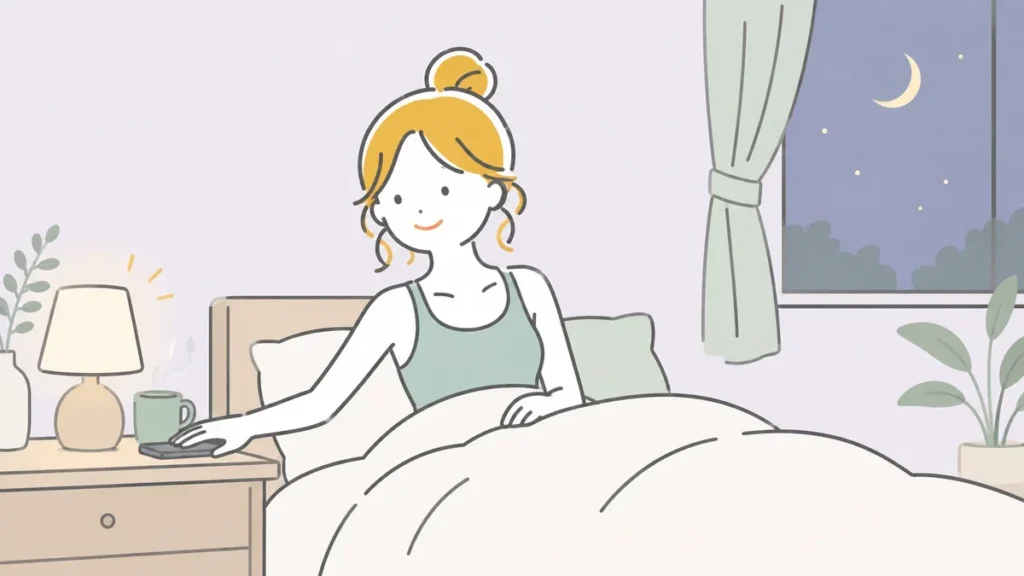 寝る前、スマホを伏せて布団に入る40代女性のイラスト